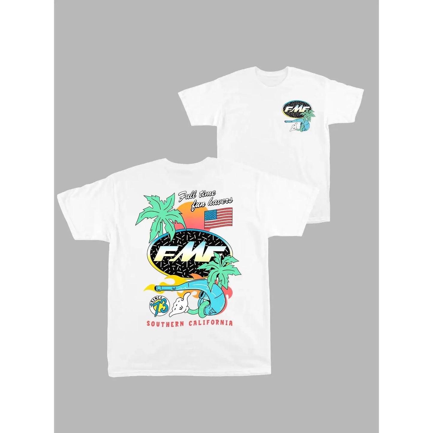 Men's American Street Style T-Shirt, Palm Tree Sunset Us Flag Print, Fmf Exhaust Pipe Design, Casual Summer Fitted Graphic Tee