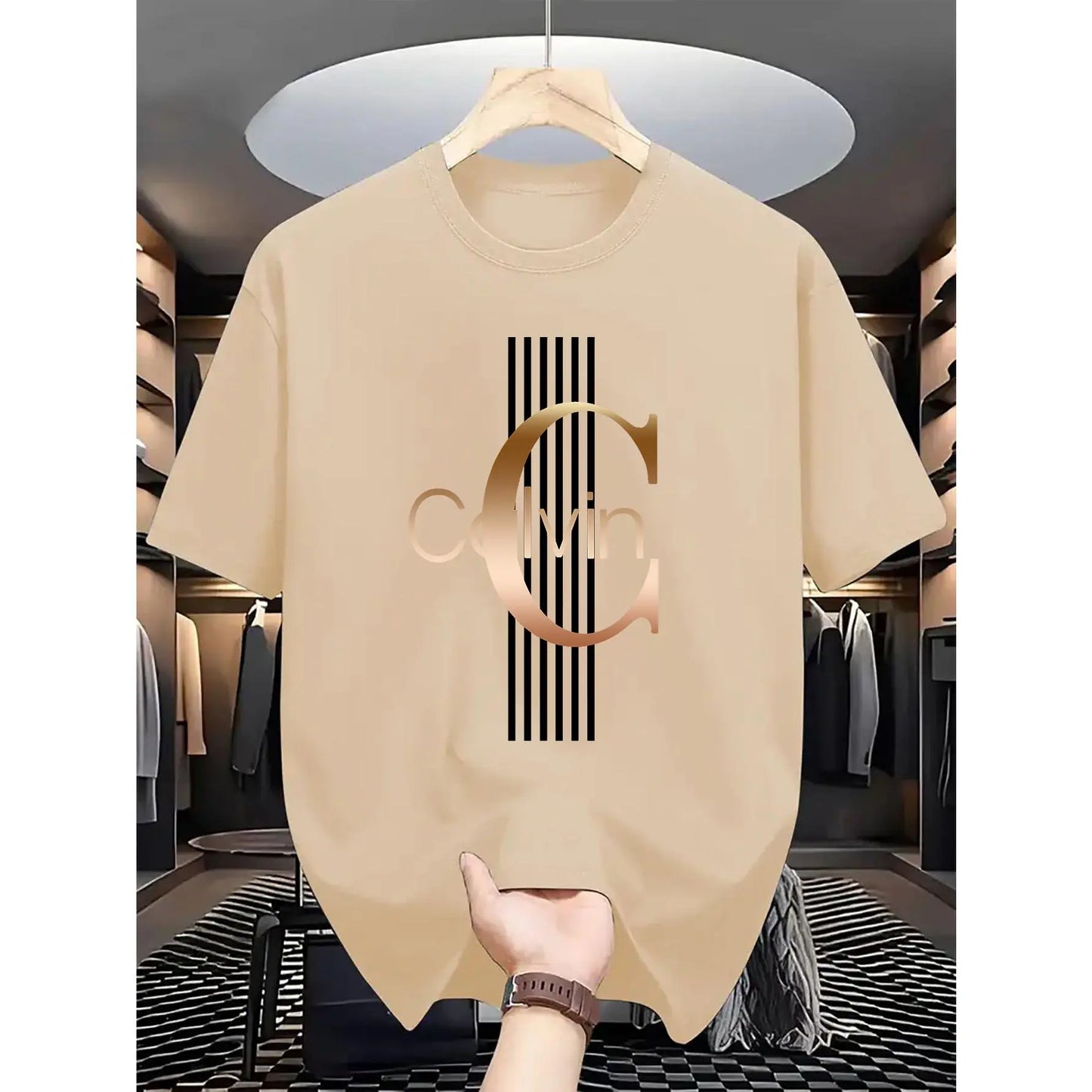 Men'S Casual Calvin Graphic T-Shirt - Bold Letter Print with Black Stripes & Golden Accents, Breathable Round Neck Summer Streetwear, Machine Washable, Comfortable Everyday Fashion Tee, Everyday Tshirt |Bold Letter Print |Comfortable Fit, T Shir Cotton
