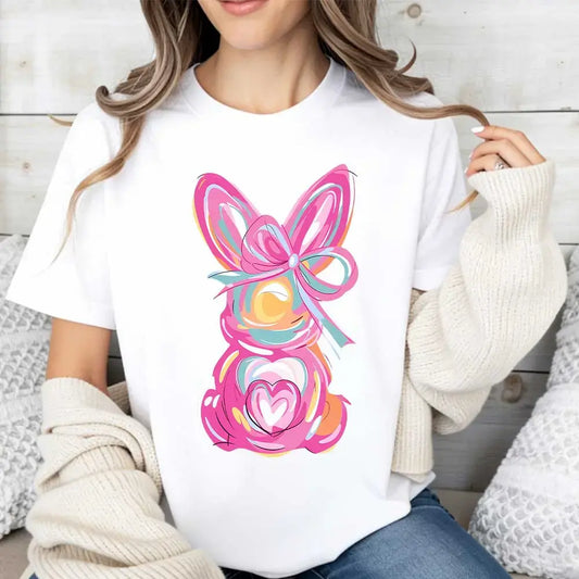 Women Casual Round Neck Short Sleeve T-Shirt White Easter Bunny With Pink Bow And Colorful Swirls Print For Spring Festival And Holiday Wear