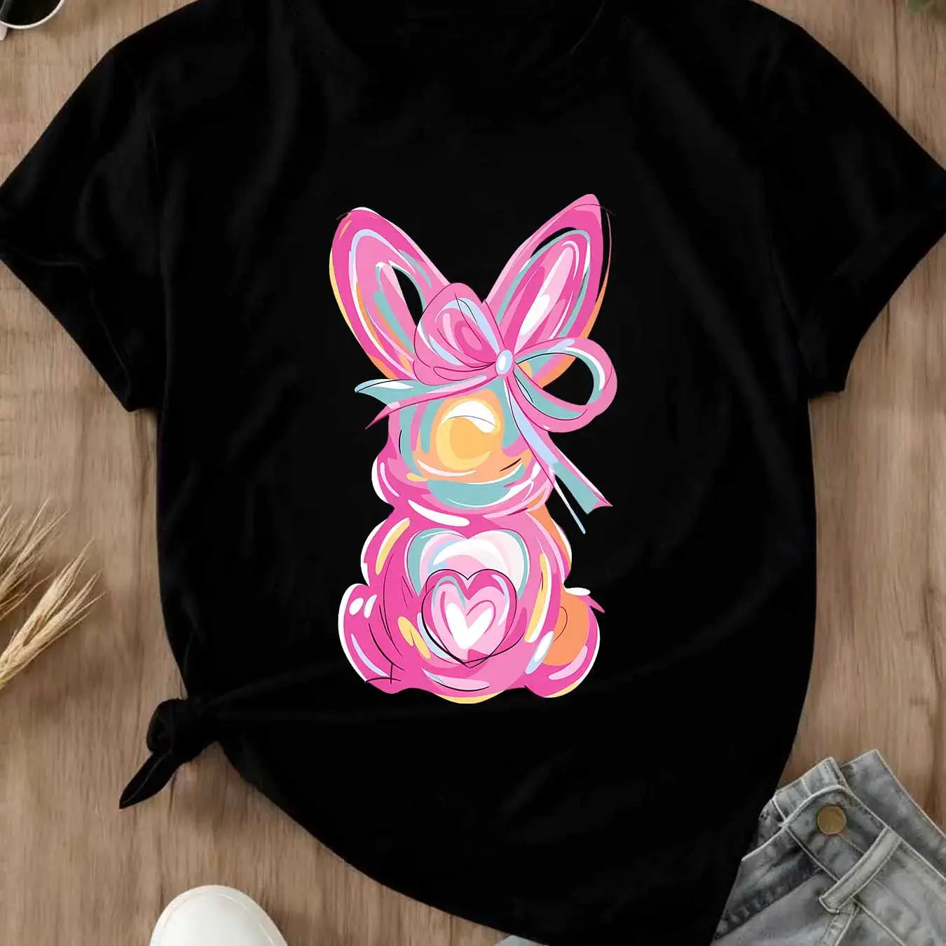 Women Casual Round Neck Short Sleeve T-Shirt White Easter Bunny With Pink Bow And Colorful Swirls Print For Spring Festival And Holiday Wear