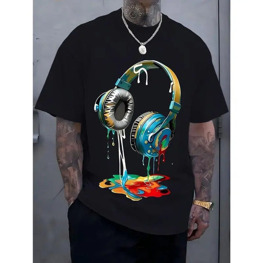Men's Navy Blue Graphic Tee with Vibrant Headphone Print - 180g Thick Cotton, Casual & Trendy, Short Sleeve Crew Neck T-Shirt, Machine Washable for Summer Fashion, Street Fashion Tee| Graphic Print Shirt| Durable Casualwear