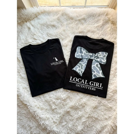 Local Girl Outfitters Camo Bow T-Shirt, Cute Oversized Southern Graphic Tee with Blue Camo Print, Trendy Country Girl For Fall, Rodeo, Or Hunting Seas Sweatshirt, Hoodie, Comfort Colors
