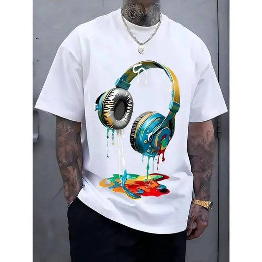 Men's Navy Blue Graphic Tee with Vibrant Headphone Print - 180g Thick Cotton, Casual & Trendy, Short Sleeve Crew Neck T-Shirt, Machine Washable for Summer Fashion, Street Fashion Tee| Graphic Print Shirt| Durable Casualwear