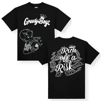 GreedyBoyz T-shirt - Casual Cotton Unisex Short Sleeve T-shirt with "Rich off a Risk" Design - Machine Washable - All Seasons - Classic StyleNovelty Graphic T Shirt funny tshirt Undershirts Tees Casual Streetwear Classic Plain Men's Women Cotton Moisture