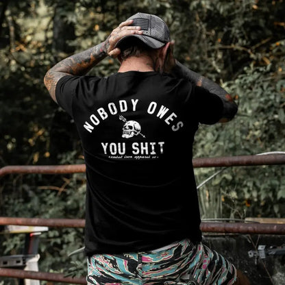 Nobody Owes You Shit Skull Men’s T-Shirt – Tactical Motivational Graphic Tee by Combat Iron Co, Veteran Military Mindset Shirt, Gym Grind Alpha Lifestyle Apparel
