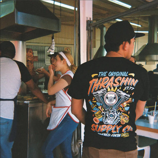 Thrashin Supply The Original Fiesta Graphic 2 Side T-Shirt, Gift for Bikers, Motorcycle Lovers, Streetwear Fans, Comfortable Fit, Unisex Cotton Full Color