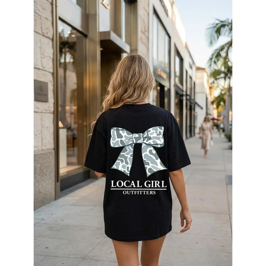 Local Girl Outfitters Camo Bow T-Shirt, Cute Oversized Southern Graphic Tee with Blue Camo Print, Trendy Country Girl For Fall, Rodeo, Or Hunting Seas Sweatshirt, Hoodie, Comfort Colors