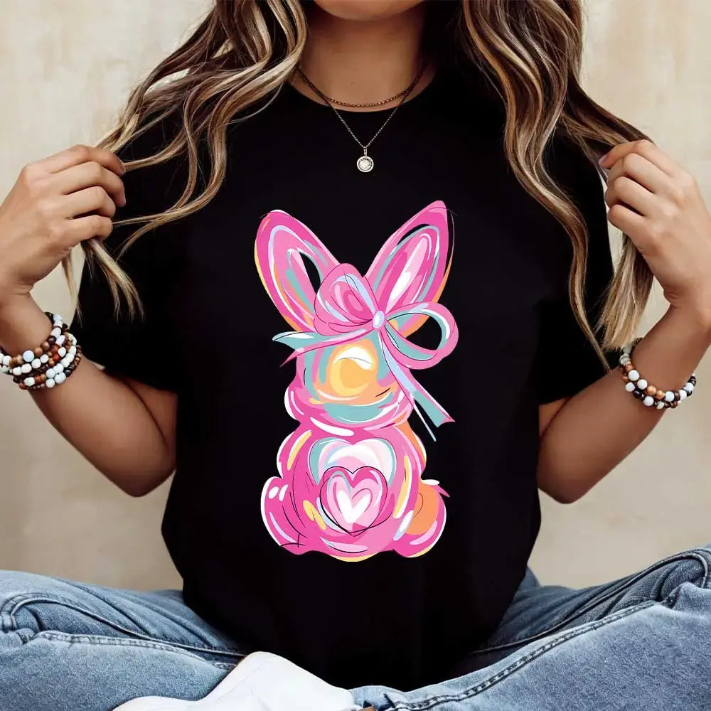 Women Casual Round Neck Short Sleeve T-Shirt White Easter Bunny With Pink Bow And Colorful Swirls Print For Spring Festival And Holiday Wear