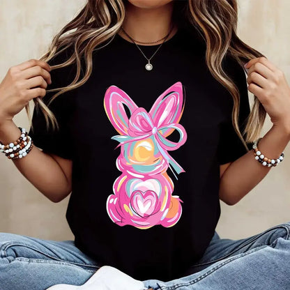 Women Casual Round Neck Short Sleeve T-Shirt White Easter Bunny With Pink Bow And Colorful Swirls Print For Spring Festival And Holiday Wear