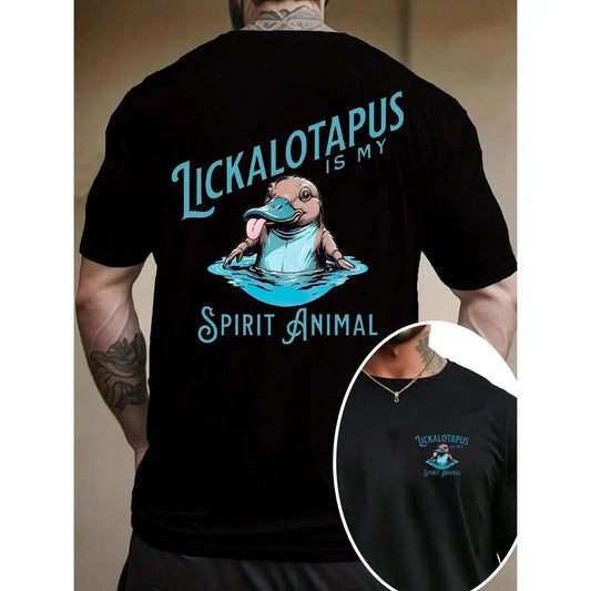 Men's Cartoon Lickalotapus Print Round Neck Tee, Regular Fit Casual Short Sleeve T-shirt, Men's Summer Top for Daily Wear, Tropical Tshirt Streetwear Relaxed Fit Apparel Soft Soft