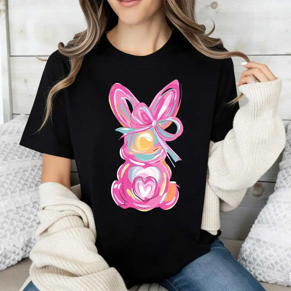Women Casual Round Neck Short Sleeve T-Shirt White Easter Bunny With Pink Bow And Colorful Swirls Print For Spring Festival And Holiday Wear