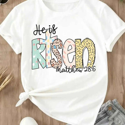 Women Casual T-Shirt White He Is Risen Matthew 28 6 Christian Religious Easter Spring Summer Outfit