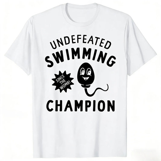 Undefeated Swimming Champion T-Shirt, Funny Sperm Meme Graphic Tee, Distressed Cotton Humor Top, Novelty Gift for Men, Unique Birthday & Bachelor Party Present