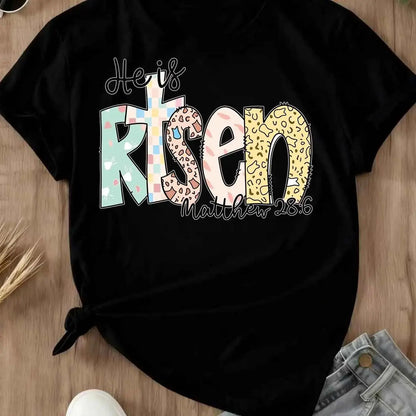 Women Casual T-Shirt White He Is Risen Matthew 28 6 Christian Religious Easter Spring Summer Outfit