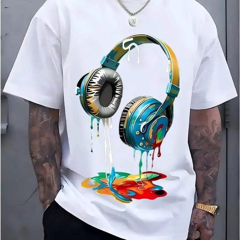 Men's Navy Blue Graphic Tee with Vibrant Headphone Print - 180g Thick Cotton, Casual & Trendy, Short Sleeve Crew Neck T-Shirt, Machine Washable for Summer Fashion, Street Fashion Tee| Graphic Print Shirt| Durable Casualwear