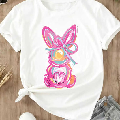 Women Casual Round Neck Short Sleeve T-Shirt White Easter Bunny With Pink Bow And Colorful Swirls Print For Spring Festival And Holiday Wear