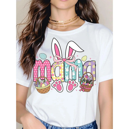 Easter Bunny Mama T-Shirt White Easter Bunny Ears Basket And Paw Prints Mom Design For Spring Celebration