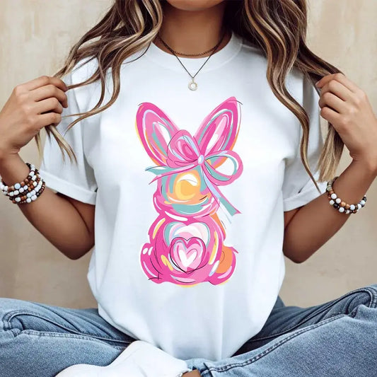 Women Casual Round Neck Short Sleeve T-Shirt White Easter Bunny With Pink Bow And Colorful Swirls Print For Spring Festival And Holiday Wear