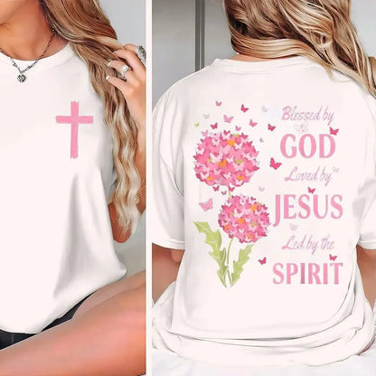 Blessed By God, Loved By Jesus, Led By The Spirit 2 Siđed Tee Pure Cotton Casual Street Style Crew Neck Short Sleeve T-Shirt Tops Trendy for Women