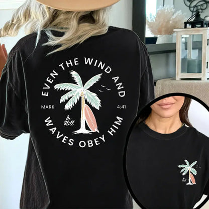 Christian Bible Verse Pattern T Shirt, Beachy Backprint Tops, Trendy Coconut Tree Shirt Unisex Tee Teen Baptism Gift Ocean Inspired Style