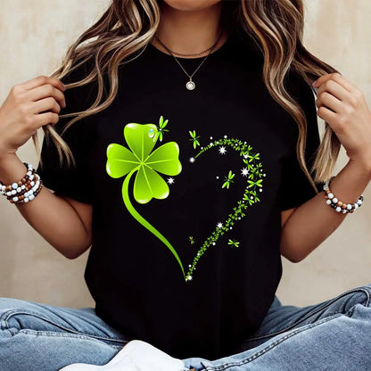 Crew Neck T-Shirt, Four Leaf Clover Heart Design, St. Patrick's Day Celebration Tee