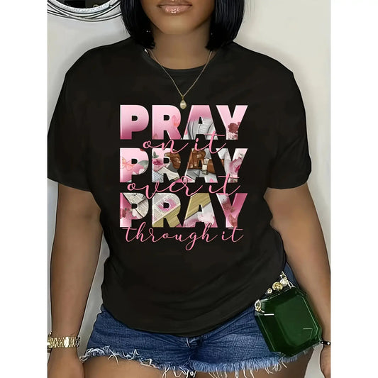 [100%25 Cotton] Plus Size Inspirational T-Shirt For Women - "Pray Over It" Print, Casual Crew Neck, Short Sleeve, Stretchy Polyester Blend, Machine Washable - Perfect For Spring/Summer/Fall, Plus Size Tshirts T-Shirt For Men And Women